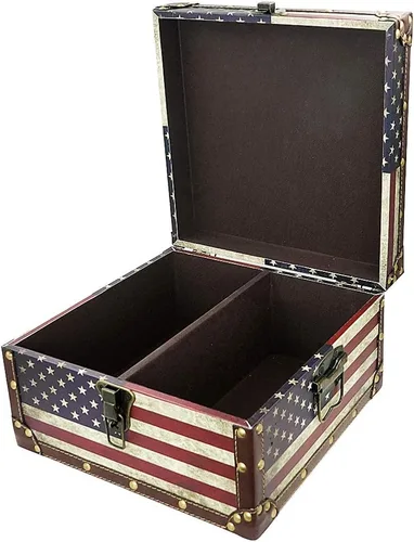 DreamsEden Baúl de almacenamiento decorativo vintage grande – Caja de madera del tesoro de la bandera estadounidense, 13.8 x 11.8 x 6.7 pulgadas