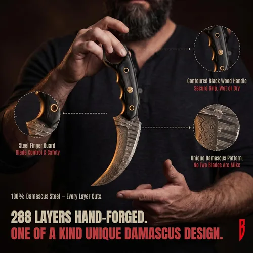 Miniatura 3 de BIGCAT ROAR Desert Fox - Cuchillo karambit de acero de Damasco hecho a mano de 7.5 pulgadas - Hoja fija curvada de espiga completa - Mango de madera