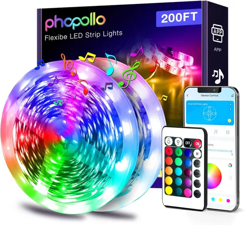 Phopollo - Luces LED de 200 pies para dormitorio, sincronización de música, cambio de color, control inteligente de aplicación con control remoto,