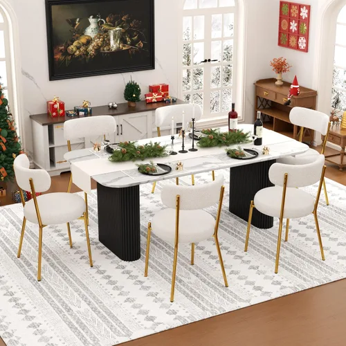 Miniatura 28 de Juego de mesa de comedor ovalada negra moderna de 70.9 pulgadas para 4, mesa de cocina rectangular estilo crema con sillas negras Boucle, juego