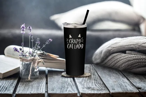 Miniatura 8 de Vaso de acero inoxidable aislado al vacío con tapa y pajita, taza temática de gatos para amantes de los gatos, taza para mamá y gato, taza