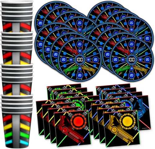 Juego de suministros de fiesta de cumpleaños con etiqueta láser para platos, servilletas, vasos, vajilla para 16