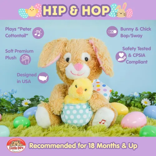 Miniatura 5 de Cuddle Barn - Hip & Hop Juguete de peluche interactivo animado conejo de Pascua que sostiene pollo en huevo canta y golpea a Peter Cottontail