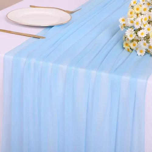 Camino de mesa de gasa azul bebé de 30 x 120 pulgadas, camino de mesa boho de gasa de 10 pies para decoración de boda, camino de mesa rústico de 120