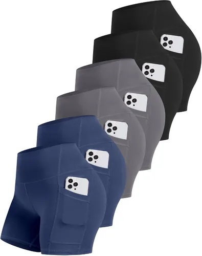 Miniatura 14 de CHRLEISURE - 6 paquetes de pantalones cortos de mujer estilo biker con bolsillo, pantalones cortos de elastano de control de abdomen de 5 pulgadas