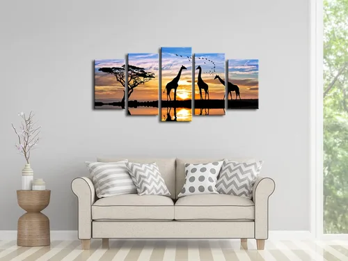 Miniatura 2 de Pyradecor 5 piezas de lienzo de paisaje africano estirado moderno, diseño de animales, puesta de sol, pinturas sobre lienzo, arte de pared para sala