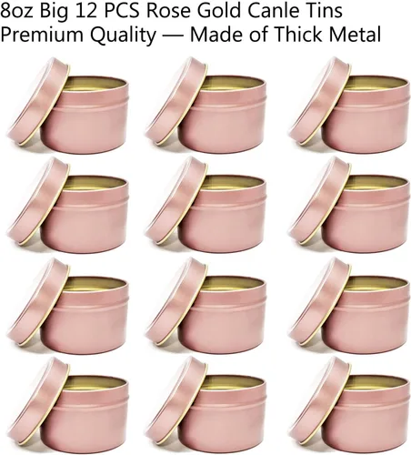 Miniatura 2 de Latas de velas de oro rosa de 8 onzas, 12 latas de velas para bricolaje grandes latas de contenedores de velas para hacer velas, latas de cantainer