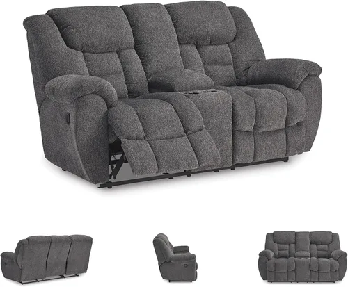 Miniatura 7 de Signature Design by Ashley Foreside - Sofá biplaza reclinable manual resistente a las manchas con consola, almacenamiento y portavasos, color gris