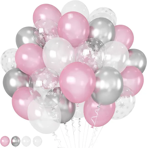 Hilavo Globos Rosa y Plata 30 cm País de las Maravillas de Invierno Copo de Nieve Globo Perla Rosa Blanco Plata Látex Metálico para Globos de Fiesta