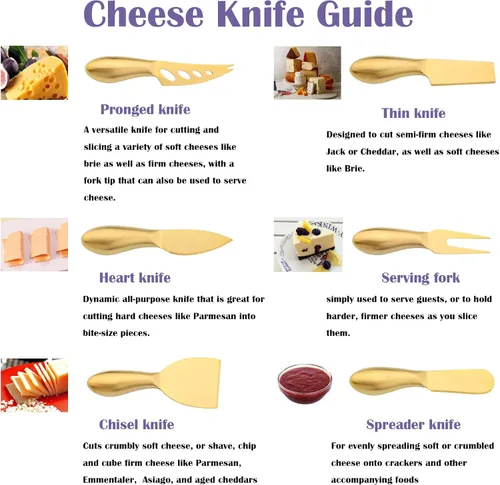 Miniatura 4 de JASHII Juego de 6 cuchillos esparcidores de mantequilla de queso dorado, juego de espátula de mermelada de una sola pieza, juego de cuchillos