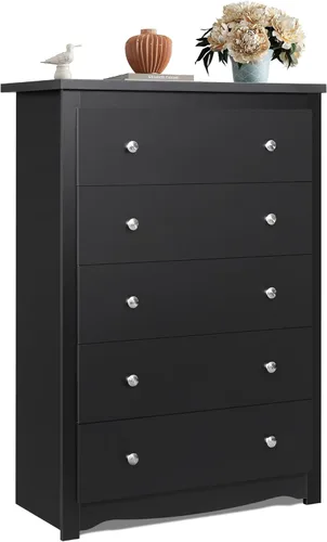 WLIVE Cómoda de madera con 5 cajones, cómoda negra de 45 pulgadas de alto para dormitorio, cómoda, armario de almacenamiento y cajones organizadores