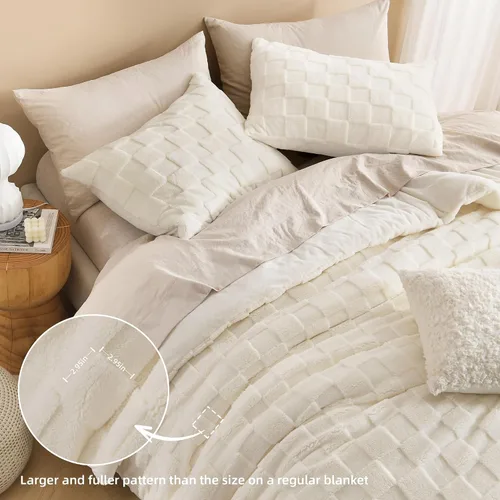 Miniatura 4 de Litanika - Juego de edredón esponjoso tamaño individual color beige, 3 piezas, ropa de cama de sherpa de felpa cálida para invierno, juego de cama