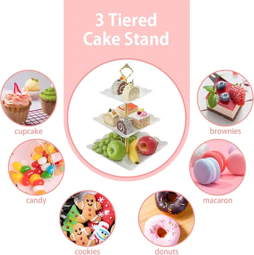 Miniatura 5 de 3 soportes cuadrados blancos para tartas de 3 niveles, bandeja de servir de 3 niveles, soporte para cupcakes, soporte de postre, decoración de mesa