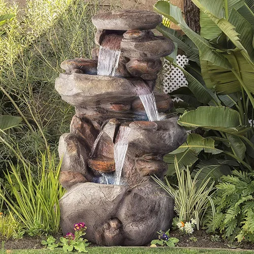 Miniatura 2 de Alpine Corporation Fuente de agua de piso de roca de 40 pulgadas con 4 niveles, cascada de agua y luces LED blancas, fuente de agua tranquila