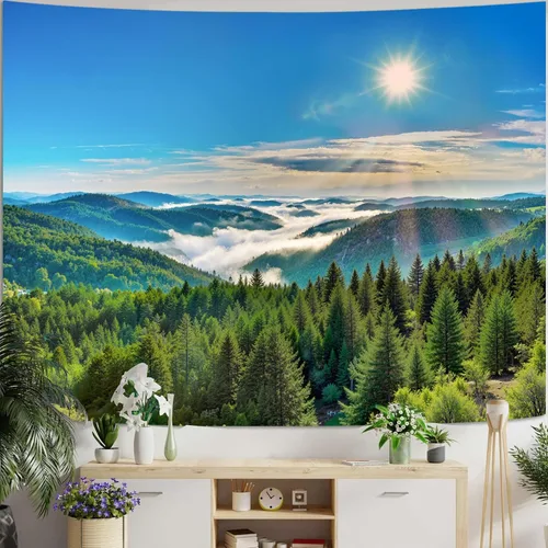 Miniatura 6 de Zussun Tapiz de Bosque Natural de Montaña Tapiz Verde de Pino Luz Solar Selva para Dormitorio Estético Planta Paisaje de Montaña Tapices Pequeños
