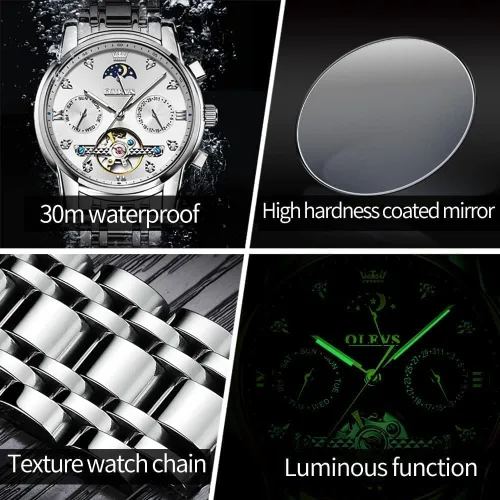 Miniatura 5 de OLEVS Relojes automáticos para hombre, esqueleto Tourbillon, reloj de pulsera de lujo con diamantes de cuerda automática, acero inoxidable