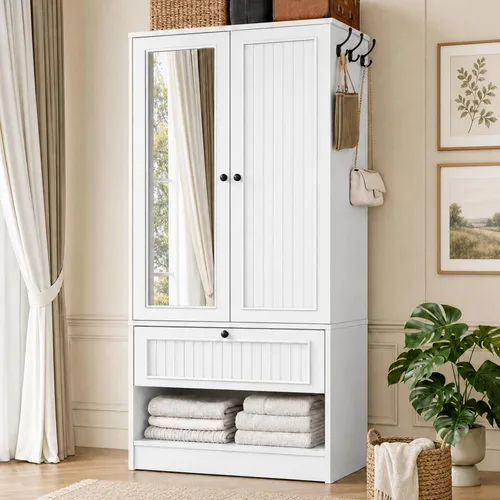 iPormis Armario de madera con puerta de espejo y cajón, armario para recámara con 2 puertas para colgar ropa, color blanco