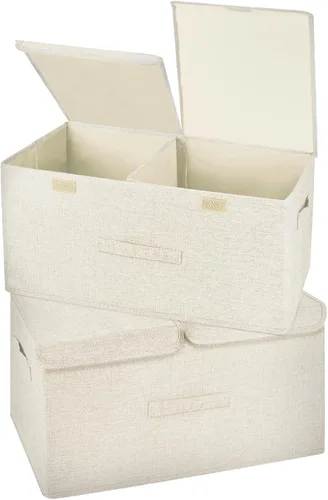 Miniatura 15 de Paquete de 2 Cajas de Almacenamiento Grandes con Tapas y Asas, Contenedores Organizadores Cestas Cubos de Almacenamiento de Lino Plegables con Crema