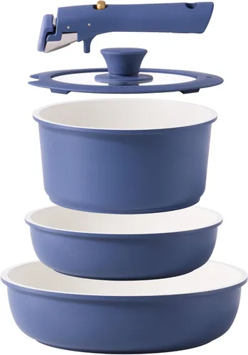 CAROTE Juego de 5 ollas y sartenes antiadherentes, juego de utensilios de cocina, mango desmontable, artículos esenciales de cocina, olla y sartén