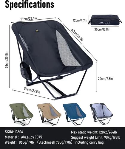 Miniatura 3 de iClimb - Silla plegable de camping ultraligera y compacta con bolsillo lateral y bolsa de transporte (Negro)