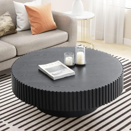 Miniatura 6 de KEVINSPACE Mesa de centro redonda de 35.43 pulgadas para sala de estar, pedestal de madera redonda, mesa de centro para sala, mesa de centro, Negro