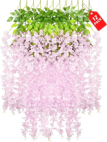 Paquete de 12 flores colgantes de glicina rosa, flores colgantes falsas de 3.44 pies, guirnalda de glicina artificial para decoración de boda, telón