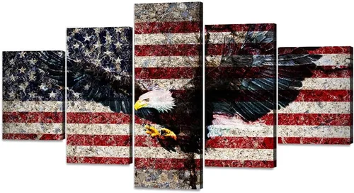 Miniatura 31 de Arte de pared de concepto patriótico, pintura de bandera estadounidense y británica, lienzo de estrellas y rayas, 5 paneles, arte moderno americano