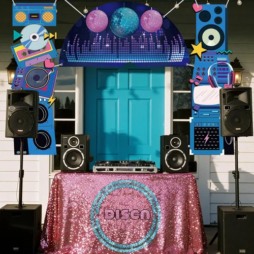 Miniatura 3 de Telón de fondo de discoteca para decoración de fiesta de cumpleaños, regreso a los años 80, 90, retro, para porche, radio, boombox, cabina de fotos