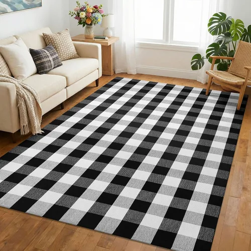 Miniatura 35 de KOZYFLY - Alfombras de área a cuadros de búfalo de 2x3 pies, alfombra a cuadros en negro y blanco lavable, alfombra de puerta delantera tejida a