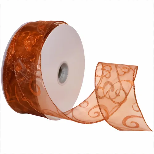 Morex Ribbon 7416.60/50-633 Swirl 2.5" X 50 YD Nylon Cinta de purpurina rizada con alambre transparente, cobre, cintas festivas para manualidades y