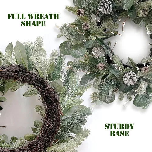 Miniatura 6 de Corona de invierno verde de 22 pulgadas, cono de pino artificial y corona de puerta delantera de acebo para decoración de Navidad de granja