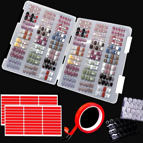 Caja de almacenamiento de uñas transparente compacta grande (12 x 9 x 0.8 pulgadas), capacidad de 600 piezas, organizador de uñas a presión y caja