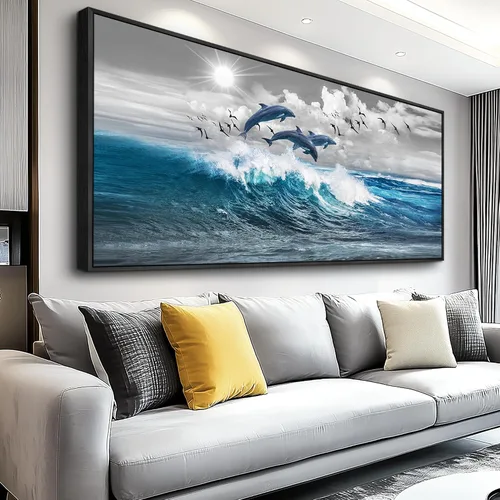 Miniatura 11 de Lapremoly Decoración de pared para sala de estar, arte de pared grande para dormitorio, olas azules del mar, ilustraciones de pared, oficina