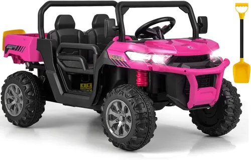 OLAKIDS Carro Montable de 2 Asientos, Vehículo Eléctrico UTV Todoterreno de 12V con Control Remoto, Cama Volquete, Pala Extra, Música, USB, AUX, Rosa