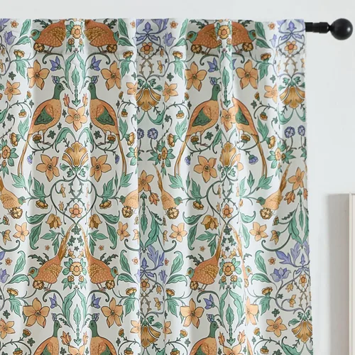 Miniatura 9 de HLC.ME Florence - Cortinas con estampado floral y de pájaros, con pestaña trasera y bolsillo para barra, cortinas para oscurecer el dormitorio