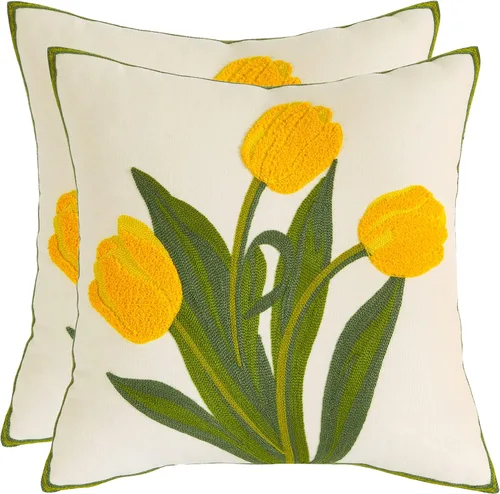 Miniatura 11 de Fundas de almohada bordadas de 16 x 16 pulgadas, paquete de 2 fundas de almohada de tulipán naranja con diseño floral de primavera, fundas