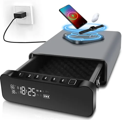 FTOP - Caja fuerte biométrica para armas con huellas dactilares, reloj seguro para pistolas con carga inalámbrica 3 en 1 para reloj y teléfono,