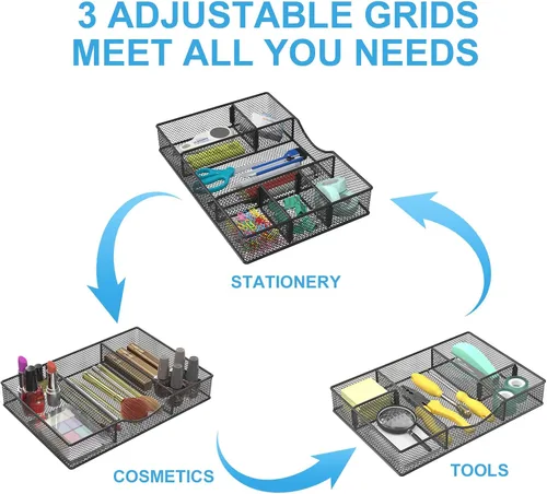 Miniatura 5 de VyGrow Bandeja organizadora de cajones de escritorio, organizador de cajones de malla metálica para oficina, 6 compartimentos ajustables, bandeja 1