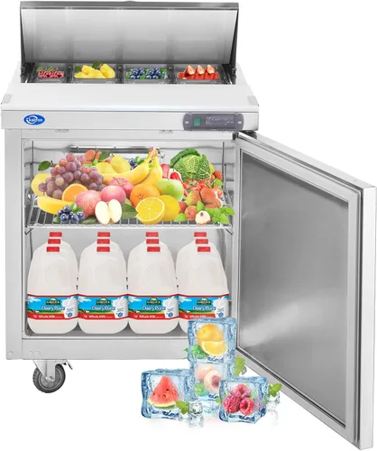 Miniatura 9 de Refrigerador de 28 pulgadas de ancho y 1 puerta, mesa de preparación de ensalada, refrigerador comercial de acero inoxidable con tabla de cortar, 1