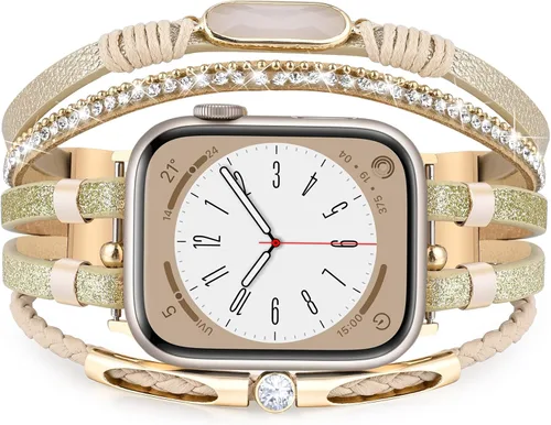 Miniatura 17 de MOFREE - Pulsera de cuero boho compatible con Apple Watch Band de 38, 40, 41 mm, pulsera de cuentas multicapa hecha a mano para Apple Watch, correa