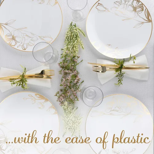 Miniatura 6 de [Platos de 10 pulgadas, 10 unidades] Platos de cena de fiesta de diseño floral de plástico blanco con borde dorado, vajilla desechable elegante