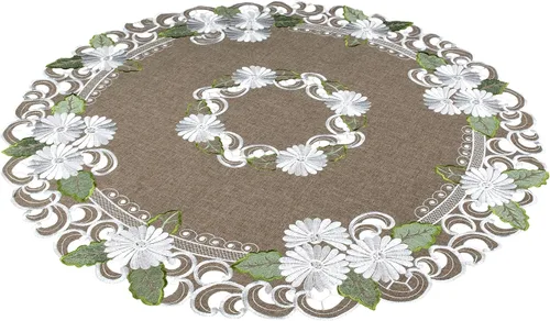 Miniatura 2 de LINENS Art and Things - Mantel redondo bordado de margaritas nacaradas florales con hojas verdes sobre mantel pequeño marrón (33 pulgadas, redondo)