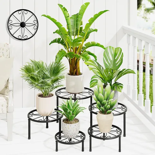 Miniatura 11 de Paquete de 5 soportes de metal para plantas, soporte resistente para macetas de flores, contenedor de jardín de hierro inoxidable para interiores