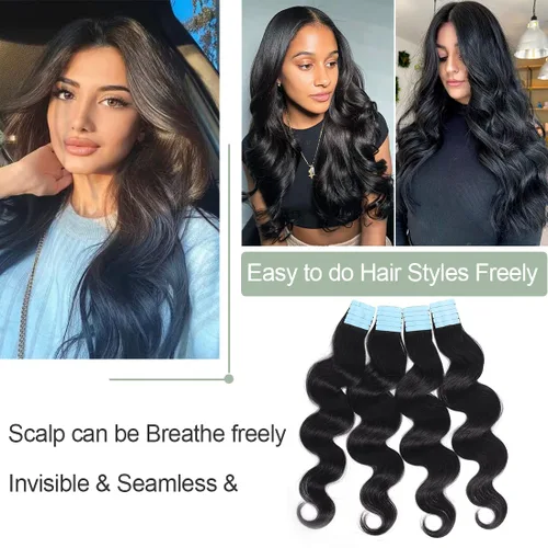 Miniatura 5 de Urbeauty 40 extensiones de cabello con cinta adhesiva, negro, ondulado, invisible, 100% cabello humano real, 3.53 oz/paquete, color negro natural