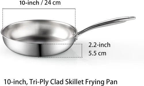 Miniatura 3 de Cook N Home Sartén de acero inoxidable de 10 pulgadas, sartén de acero inoxidable 18/10 con revestimiento de tres capas, sartén de cocina