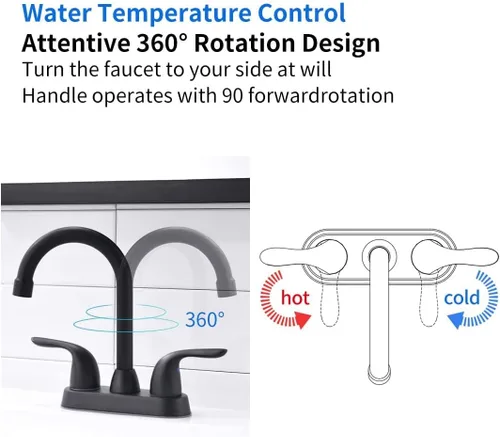 Miniatura 6 de Grifo de baño negro mate de dos asas, boquilla giratoria con montaje de drenaje emergente, arco alto, con mangueras de suministro de agua, fácil