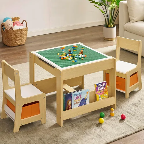 Miniatura 8 de GTOLV Juego de mesa y silla para niños, mesa de actividades de madera 3 en 1 con cajón de almacenamiento para niños pequeños, dibujo, lectura, Gris
