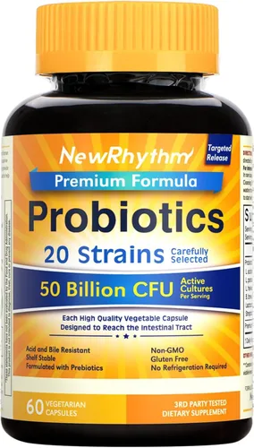 NewRhythm Probióticos 50 mil millones de UFC, 20 cepas, 60 cápsulas vegetales, tecnología de liberación dirigida, resistente al ácido estomacal, sin