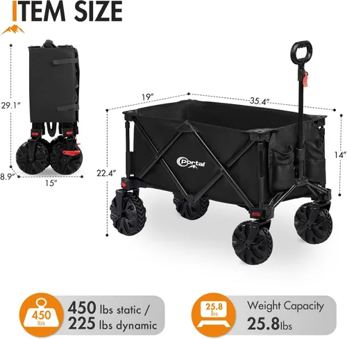 Miniatura 6 de PORTAL Carritos de Playa Utilitarios Plegables de Servicio Pesado con Ruedas Todo Terreno para Exteriores, Campamento, Jardín, Compras, Comestibles