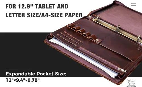 Miniatura 7 de Carpeta de piel auténtica para negocios, cartera de 3 anillas, carpeta de negocios con cremallera para hombres y mujeres, color marrón, Marrón